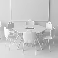 Hexagonal White Study Desk with Yellow Chairs and Large Scenic Screen in Modern Classroom