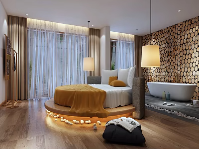 Hotel Room Interior With Round Bed Yellow Blanket White Pillows Large Windows And Bathtub 3d model