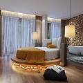 Hotel Room Interior With Round Bed Yellow Blanket White Pillows Large Windows And Bathtub