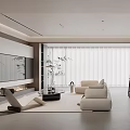 Modern Living Dining Room Interior Design With Beige Sofa TV Wall Bar Counter And Blinds