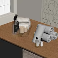 Daily Washing Essentials With Hand Soap Towels And Lotion Bottles On Wooden Table