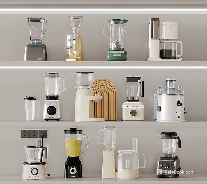 Diverse Household Appliances Including Blenders Juicers And Various Designs On Shelves 3d model 