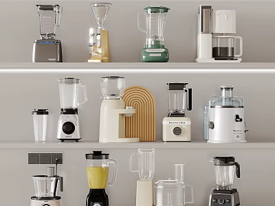 Diverse Household Appliances Including Blenders Juicers And Various Designs On Shelves 3d model