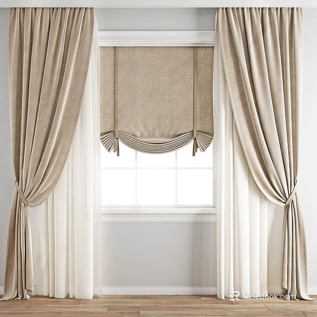 Beige Linen Curtains With Pleated Valance And Side Panels For Window Decoration 3d model 