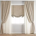 Beige Linen Curtains With Pleated Valance And Side Panels For Window Decoration