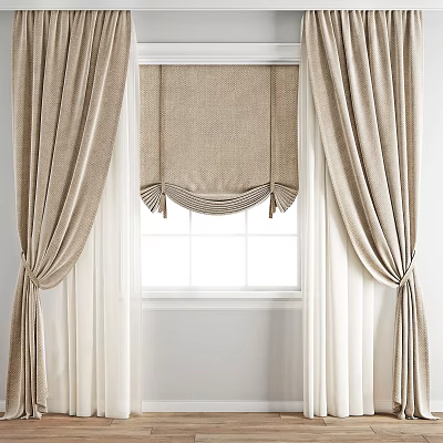 Beige Linen Curtains With Pleated Valance And Side Panels For Window Decoration 3d model
