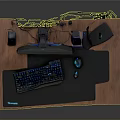 Wooden Computer Desk Setup With Monitor Keyboard Speakers Mouse And Router
