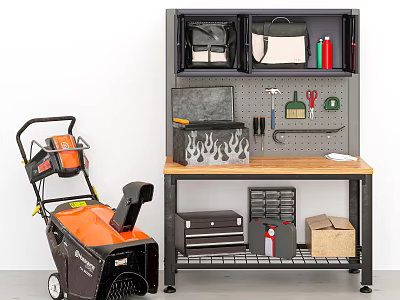 Organized Hardware Tools Storage Workbench with Hammer Screwdriver Pliers and Snow Blower 3d model