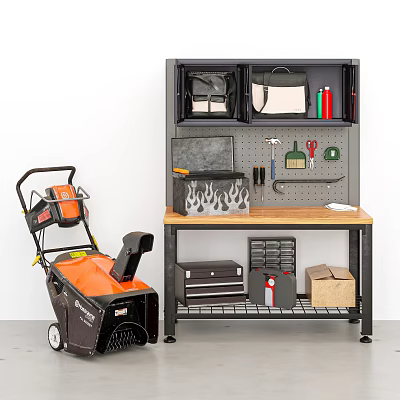 Organized Hardware Tools Storage Workbench with Hammer Screwdriver Pliers and Snow Blower 3d model
