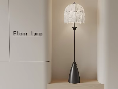 Modern Floor Lamp With White Fringed Lampshade And Black Metal Stand 3d model