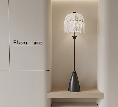 Modern Floor Lamp With White Fringed Lampshade And Black Metal Stand 3d model