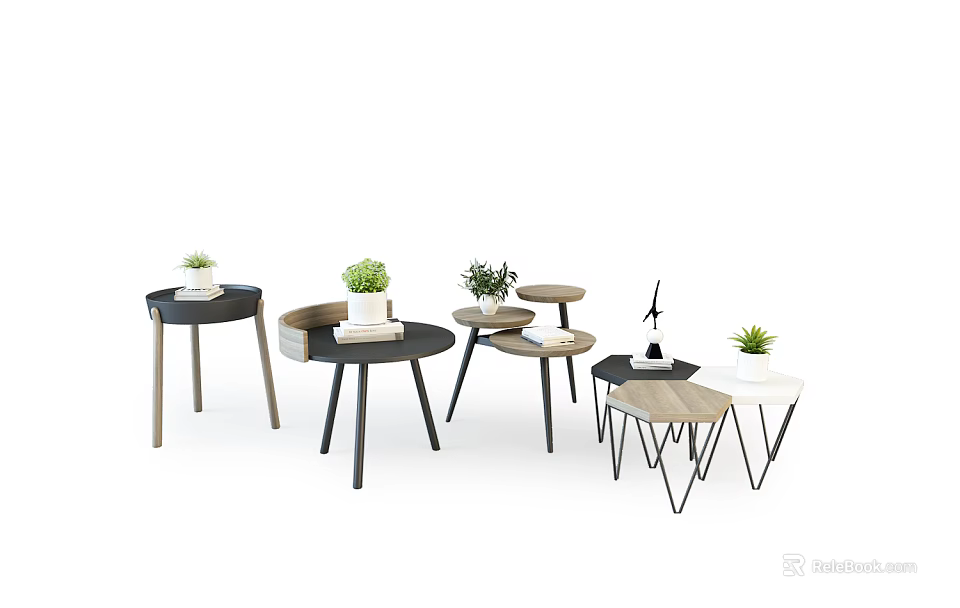 Modern Round Side Tables With Minimalist Design Wooden Legs And Potted Plants 3d model 
