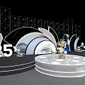 White Circular Stage Design with 25 Golden Trophy Geometric Decorations and Lighting Elements 3d model