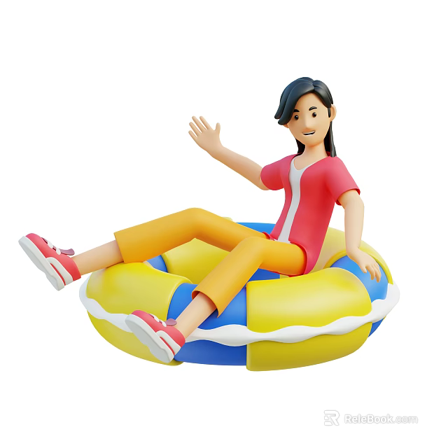 Happy Woman Waving Hand Sitting on Yellow and Blue Inflatable Swimming Ring 3d model 