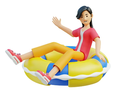 Happy Woman Waving Hand Sitting on Yellow and Blue Inflatable Swimming Ring 3d model
