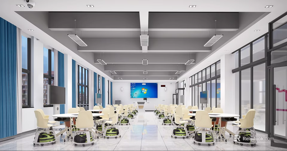 Modern Laboratory Interior Design With Bright Windows Large Screen And Multiple Tables Chairs 3d model