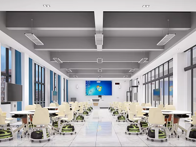 Modern Laboratory Interior Design With Bright Windows Large Screen And Multiple Tables Chairs 3d model