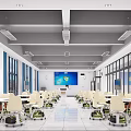 Modern Laboratory Interior Design With Bright Windows Large Screen And Multiple Tables Chairs 3d model