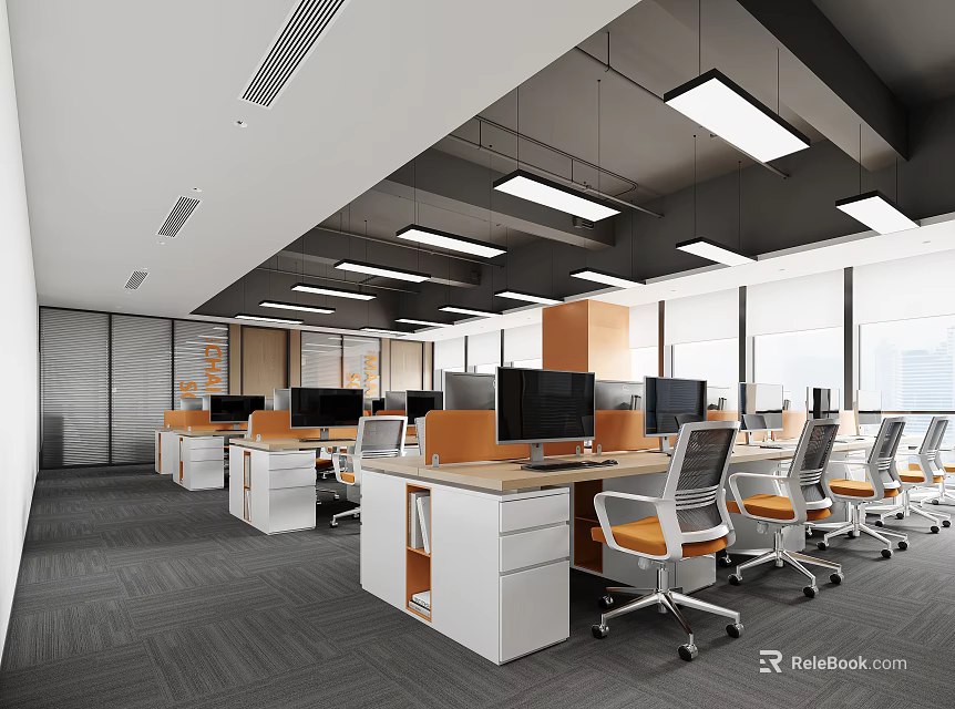 Bright Modern Public Office Space With Open Workstations Computers Orange White Chairs And Ceiling Lights 3d model 