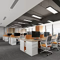 Bright Modern Public Office Space With Open Workstations Computers Orange White Chairs And Ceiling Lights 3d model