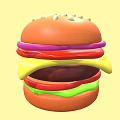 Delicious Hamburger With Sesame Seed Bun Onion Rings Tomato Slices Cheese And Lettuce