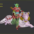Elf Warrior in Purple Armor Holding Weapon Standing Beside White Tiger With Black Stripes