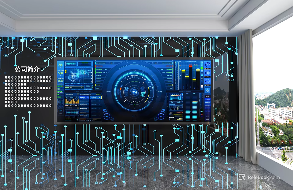 Tech Inspired Modern Background Wall With Circuit Board Pattern Blue LED Lights And Digital Screens 3d model 