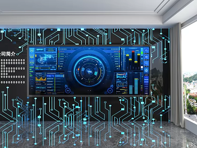 Tech Inspired Modern Background Wall With Circuit Board Pattern Blue LED Lights And Digital Screens 3d model