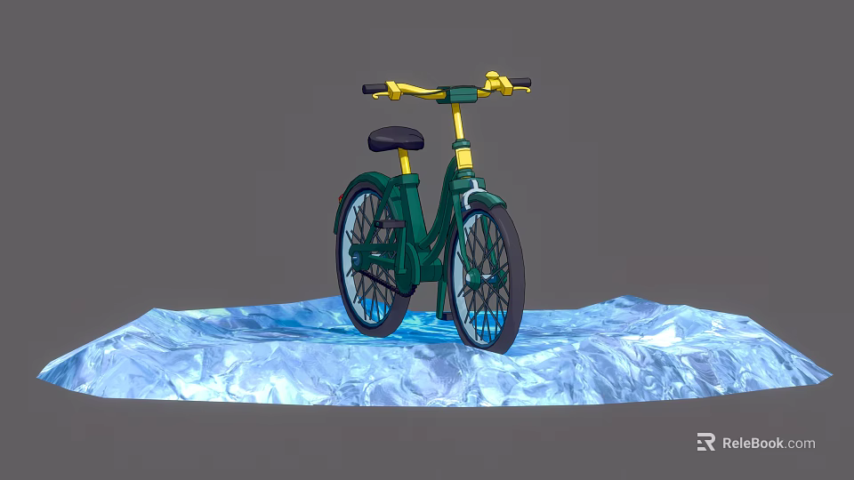 Green Bicycle With Yellow Handlebars And Black Seat On Blue Wavy Platform 3d model 