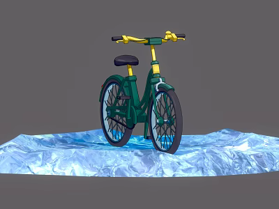 Green Bicycle With Yellow Handlebars And Black Seat On Blue Wavy Platform 3d model
