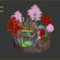 Miniature Scenic Model With Wooden House Autumn Trees Waterfall Bridge Gazebo And Green Car