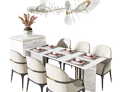 Modern Dining Table Set With Marble Top White Chairs Side Cabinet And Artistic Chandelier 3d model