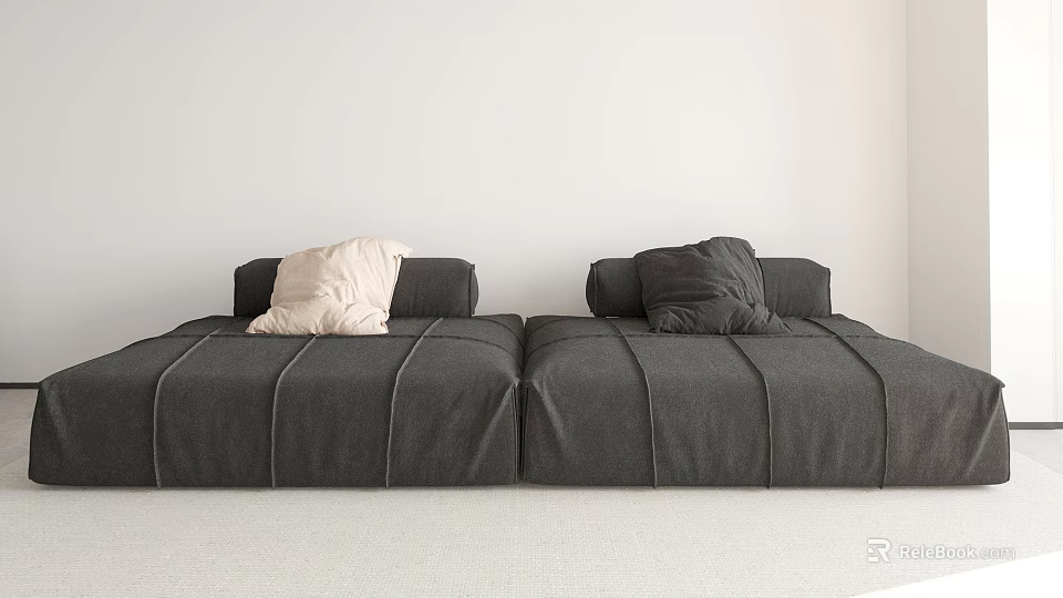 Dark Gray Sectional Sofa With Light And Dark Pillows In Minimalist Interior 3d model 