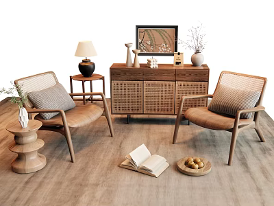 Natural Style Rattan Accent Chairs With Wooden Frame Side Table And Open Book 3d model