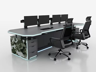 Functional Desk With Multiple Monitors Ergonomic Chairs LED Lights and Drawers 3d model
