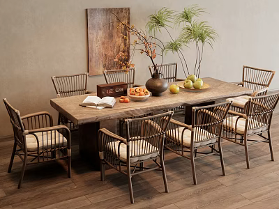 Wooden Dining Table Set with Rattan Chairs Open Book Fruits and Vase in Cozy Interior 3d model