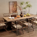 Wooden Dining Table Set with Rattan Chairs Open Book Fruits and Vase in Cozy Interior