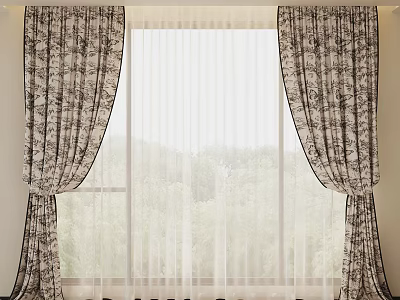 Elegant Patterned Curtains With Sheer Panels For Window Green View Decoration 3d model