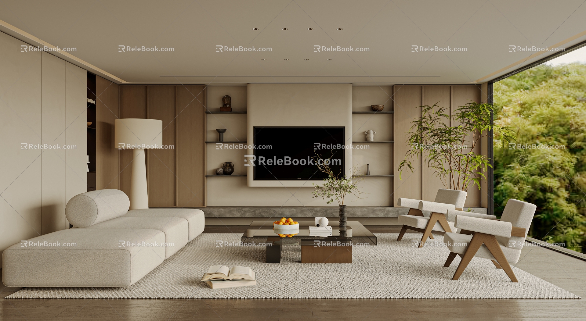 Living Room Sofa Single Chair Coffee Table Curtain Carpet Bookshelf Jewelry Chandelier Hanging Picture 3d model