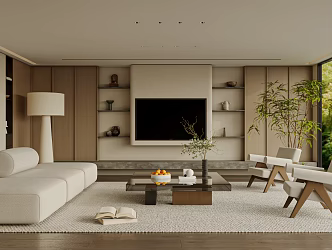 Living Room Sofa Single Chair Coffee Table Curtain Carpet Bookshelf Jewelry Chandelier Hanging Picture 3d model
