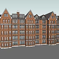 Terraced Red Brick Building Exterior With Gabled Roofs And Multiple Windows 3d model