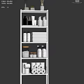 Organized White Shelving With Laundry Cleaning Supplies Storage Jars And Paper Rolls