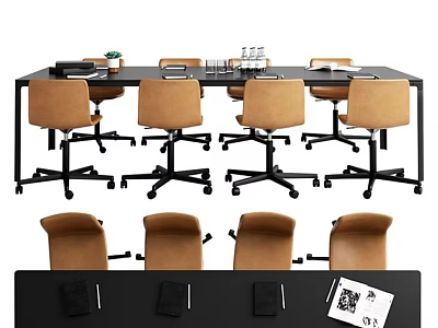 Modern Black Conference Table With Brown Wheeled Chairs Documents And Stationery 3d model