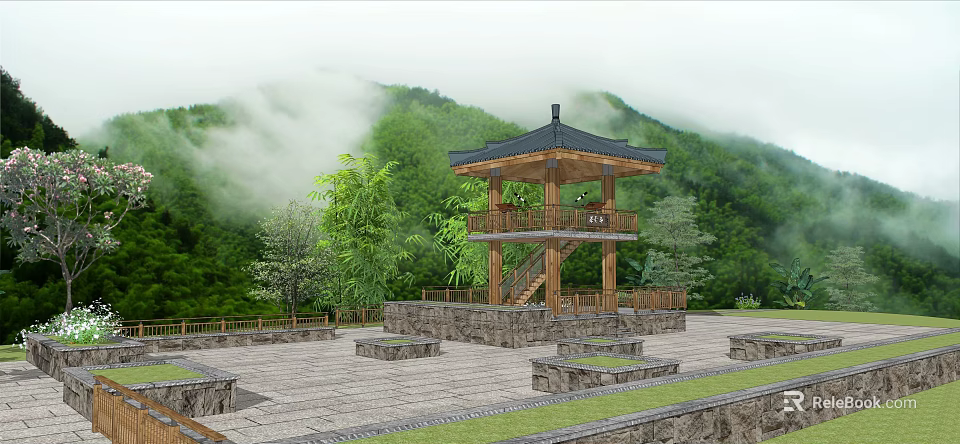 Road Facilities With Stone Paved Square Steps Benches Wooden Pavilion Amidst Misty Mountain Green Trees 3d model 