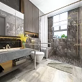 Modern Bathroom Interior Design With Marble Walls Vanity Mirror Lighting And Green Plant