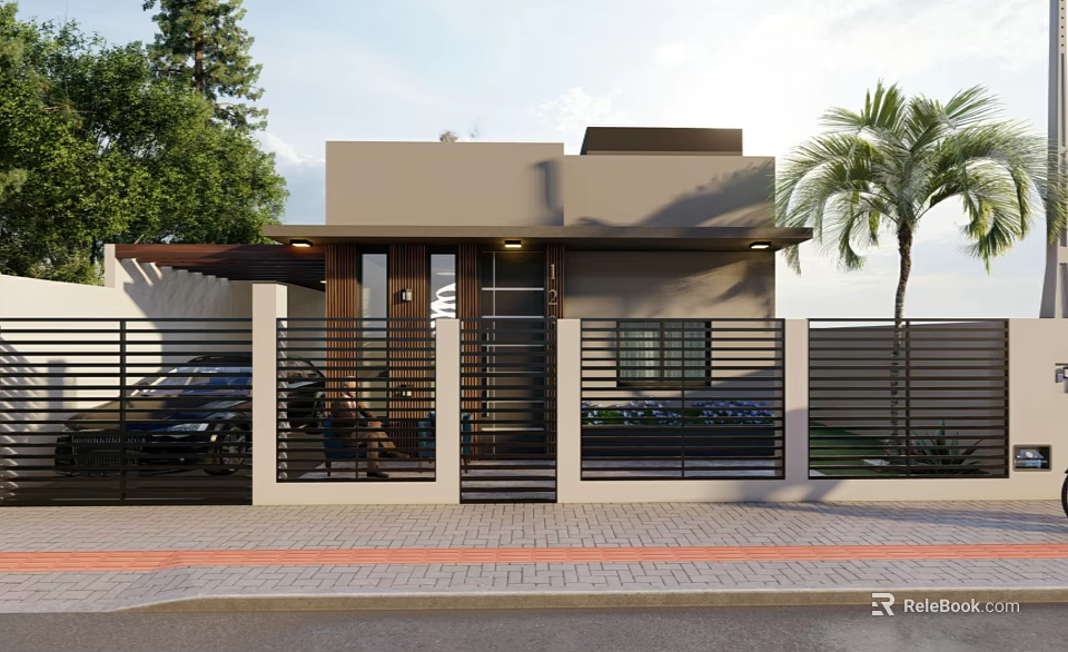 Modern Detached Villa Exterior Design With Black Metal Fence Palm Trees And Brick Driveway 3d model 