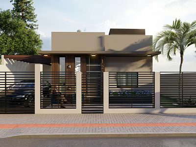 Modern Detached Villa Exterior Design With Black Metal Fence Palm Trees And Brick Driveway 3d model