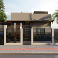 Modern Detached Villa Exterior Design With Black Metal Fence Palm Trees And Brick Driveway