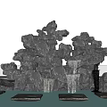 Outdoor Stone Rockery Landscape With Wooden Platforms Water Pool Waterfall And Reflection
