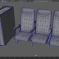 Three Blue Public Chairs With Metal Frame Next To Metal Storage Case